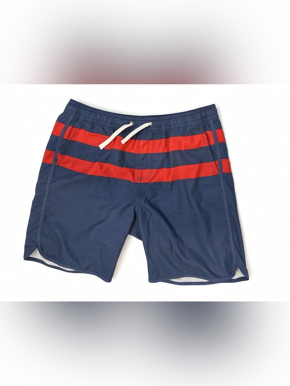 Boys Navy Swim Shorts with Red Stripes